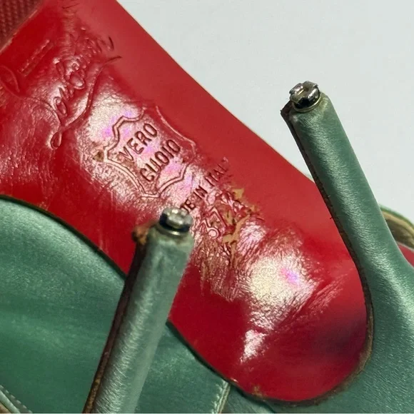 Christian Louboutin Red Bottom Teal Satin Slingback Peep Toe Heels Size 37.5 - Picture 7 of 11